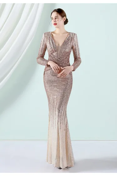 Full Sequin Two-Tone Crisscross Gown in Gold