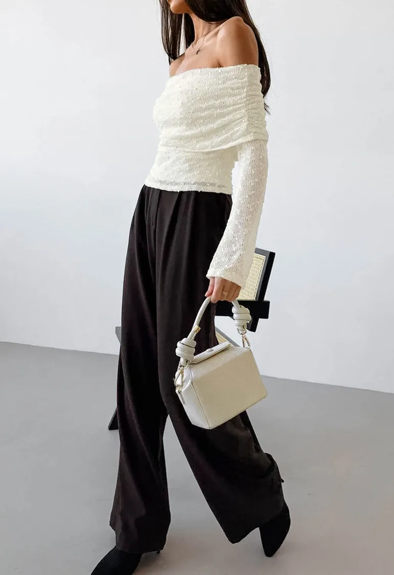 Flock Dot Flap Off-Shoulder Knit Top