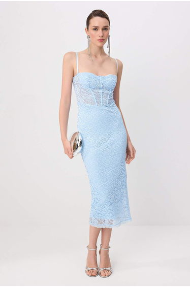 Light Blue Plain Lace Detailed Knitted Lace Midi Lined Stylish/Evening Dress