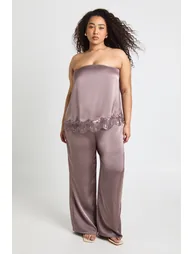 Plus Lace Hem Satin Floaty Bandeau Top - dusty mauve