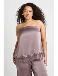 Plus Lace Hem Satin Floaty Bandeau Top - dusty mauve - 1