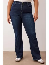 Dark Blue High Waist Spanish Leg Flare Fit Denim Plus Size Jeans - 2