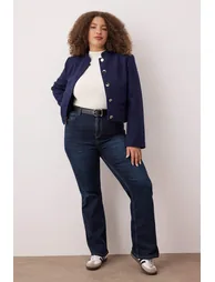 Dark Blue High Waist Spanish Leg Flare Fit Denim Plus Size Jeans - 1