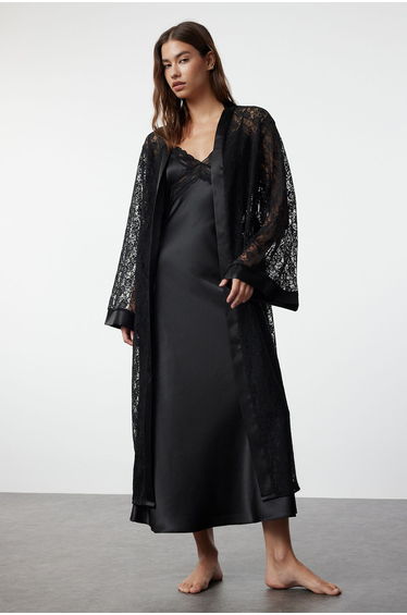 Premium Black Satin Band Detailed Lace Knitted Dressing Gown product thumbnail 3