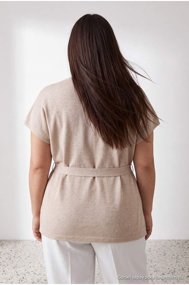 Beige Front Buttoned Belted Seasonal Knitwear Blouse product thumbnail 4