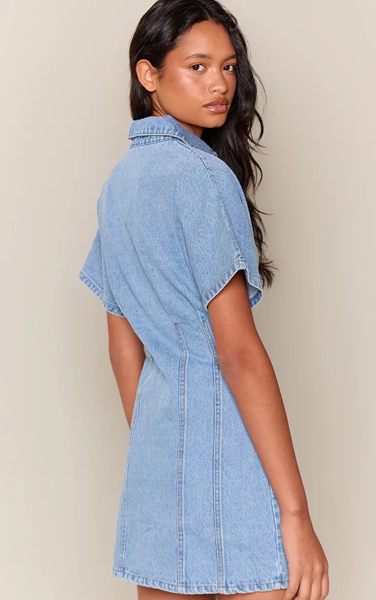 Mid Blue Seam Detail Peplum Denim Dress - 1