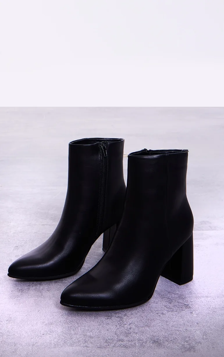 Black PU Point Toe Block Heeled Ankle Boots - 2