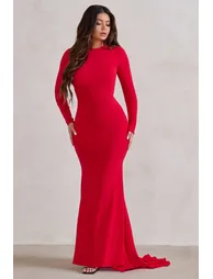 One Step Ahead | Red Long Sleeve Backless Fishtail Maxi Dress