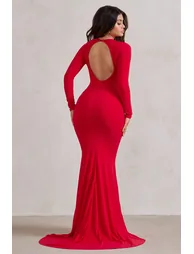 One Step Ahead | Red Long Sleeve Backless Fishtail Maxi Dress - 1