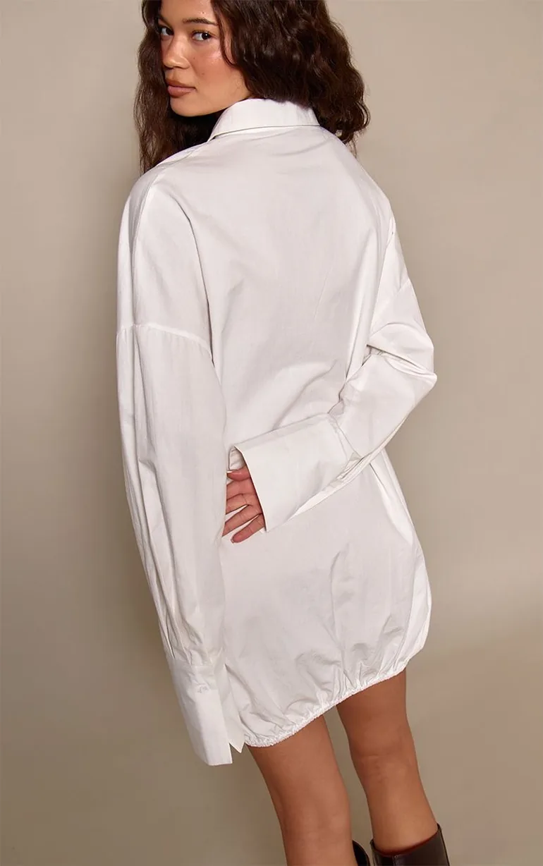White Cotton Poplin Long Sleeve Puffball Dress - 1
