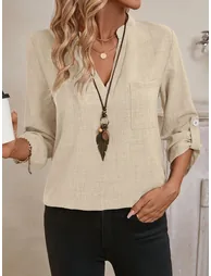 Beige Linen Blend Long Sleeve Top - 4