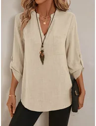 Beige Linen Blend Long Sleeve Top - 3