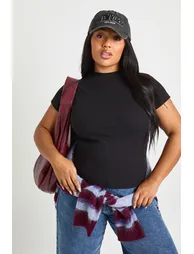 Plus Basic Rib Short Sleeve Fitted Top - black