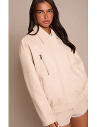 Ecru Concealed Placket Oversized Faux Leather Jacket - 3