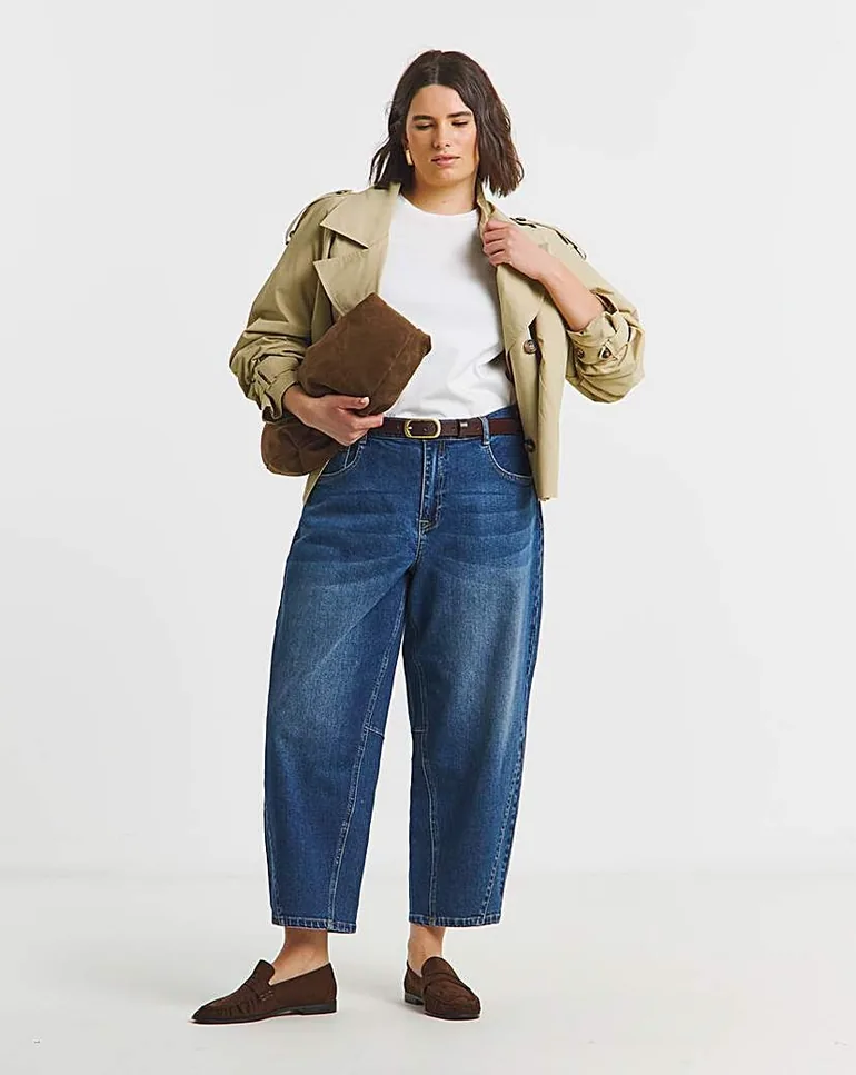 Mid Wash Cropped Barrel Jeans