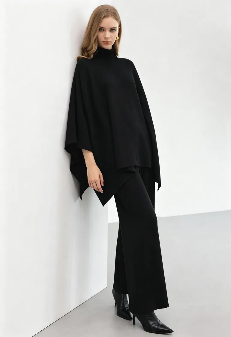 Sleek Turtleneck Knit Cape Sweater and Pants Set in Black for Family Gatherings & Holiday Events - 2