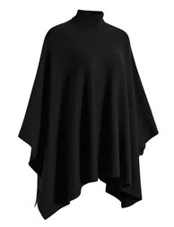 Sleek Turtleneck Knit Cape Sweater and Pants Set in Black for Family Gatherings & Holiday Events - 8