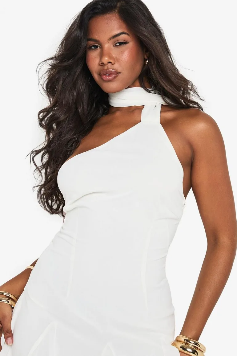 Chiffon Asymmetric Godet Seam Mini Dress - cream - 3