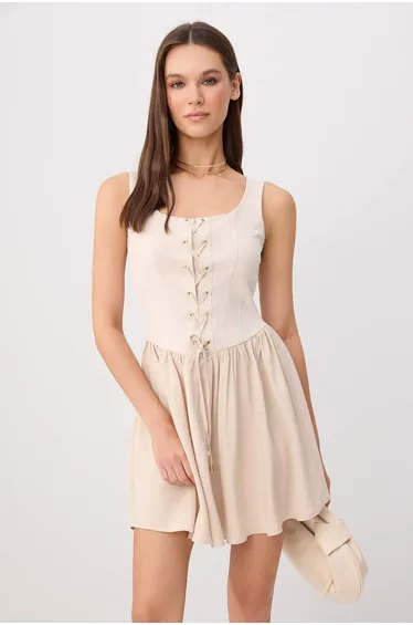 Stone Plain Skater Lyocell Content Corset Detailed Thick Strap Mini Knitted Dress