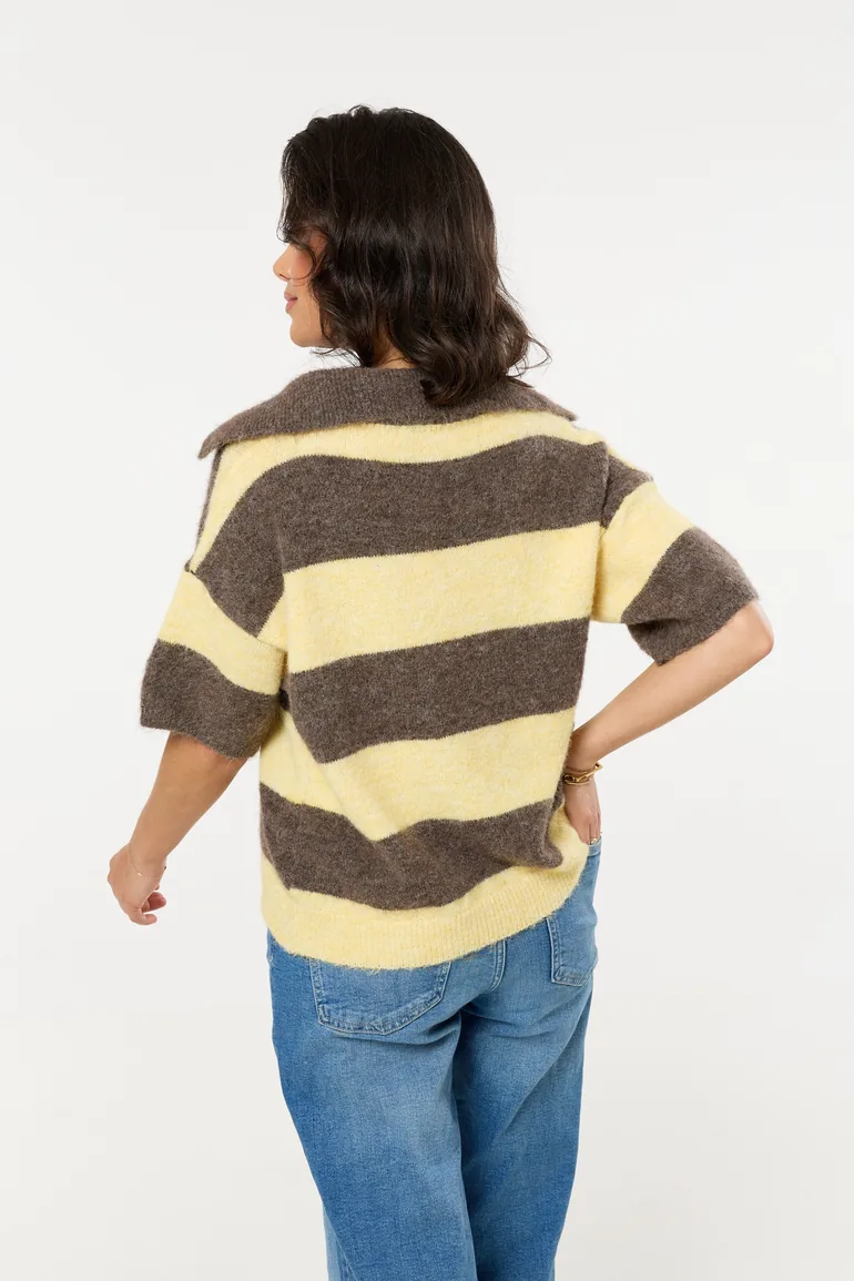 Brown And Light Yellow Stripe Wool Blend Knitted Polo Jumper - 7