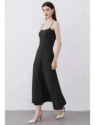 Solid Pleated Knit Cami Dress in Black - 2