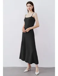Solid Pleated Knit Cami Dress in Black - 1