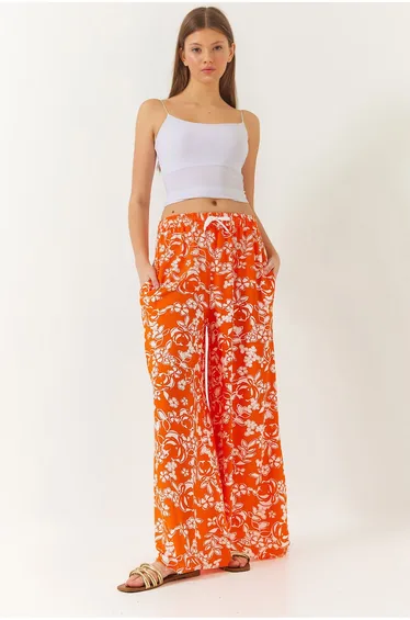 Women's Elastic Waist Tie Patterned Pocket Viscose Palazzo Trousers