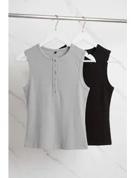Black-Grey 2-Pack Crop Boy Buttoned Crew Neck Large Size Undershirt - 7