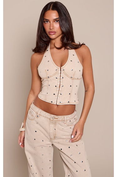 Petite Stone Stud Detail Halterneck Denim Top