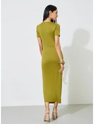 Green Solid Gathered Waist Bodycon Maxi Dress - 4