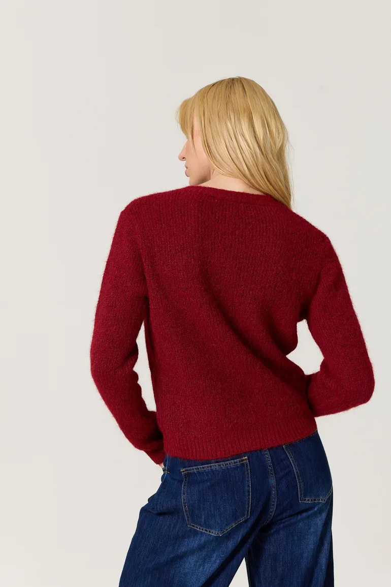 Burgundy Heart Button Wool Cardigan - 4