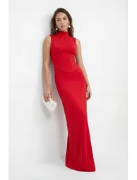 Red Corset Detailed Maxi Party Dress - 1