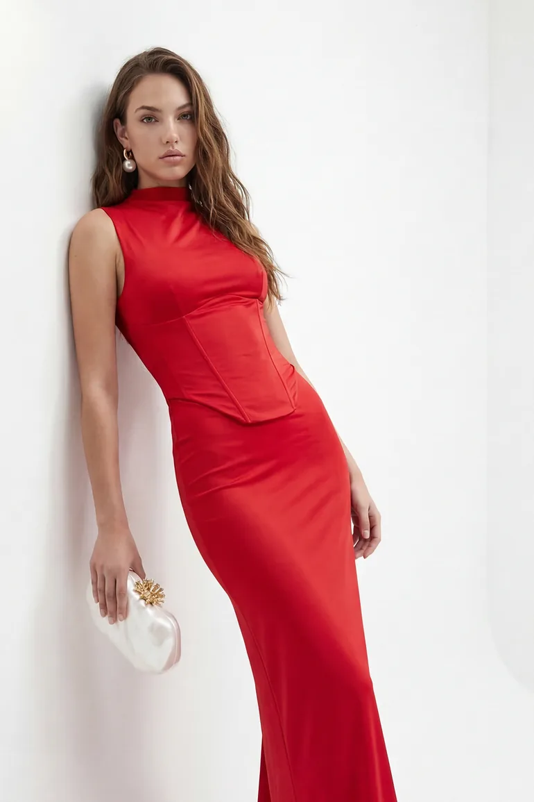 Red Corset Detailed Maxi Party Dress - 2