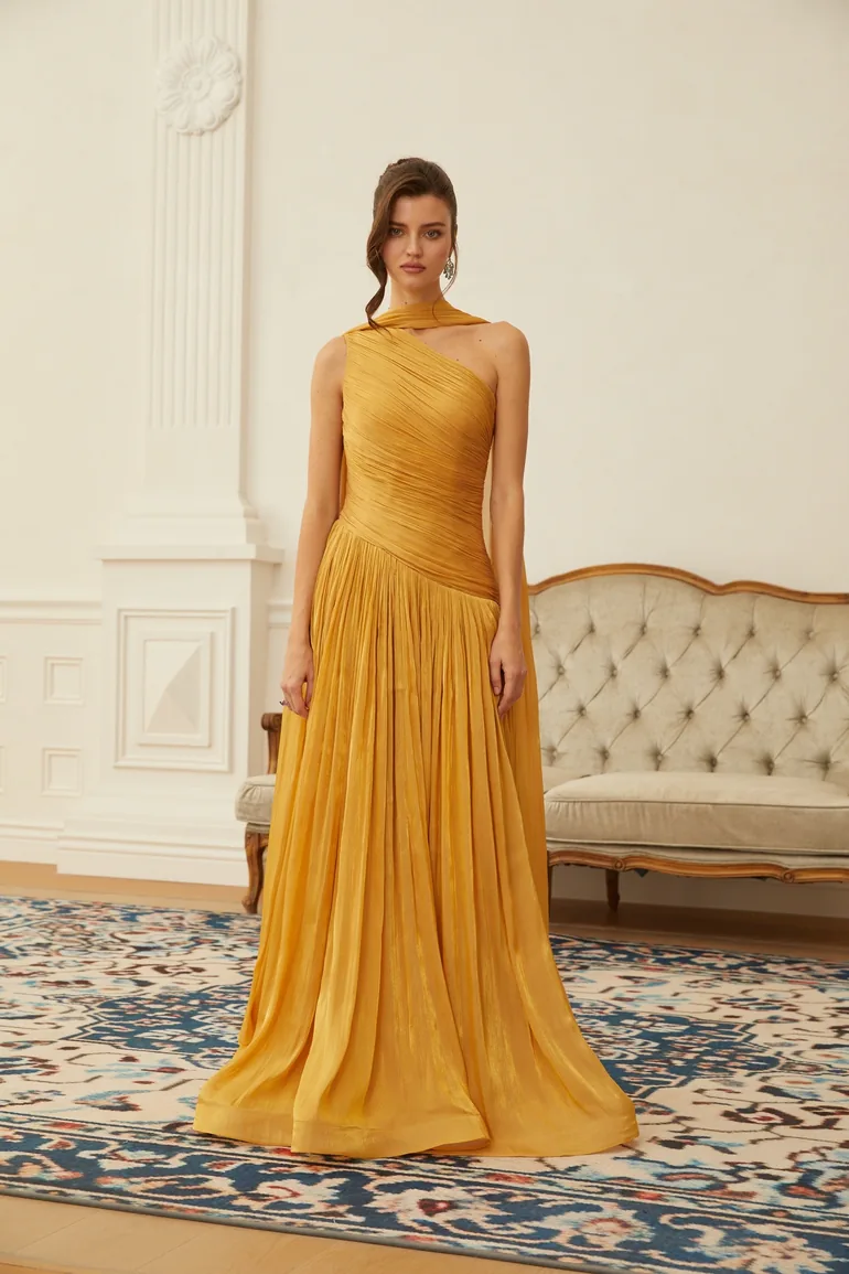 Emerald Gold One Shoulder Ruched Maxi Dress - 5