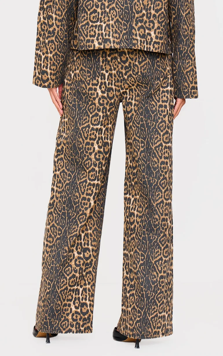 Stone Leopard Twill Wide Leg Trousers - 2
