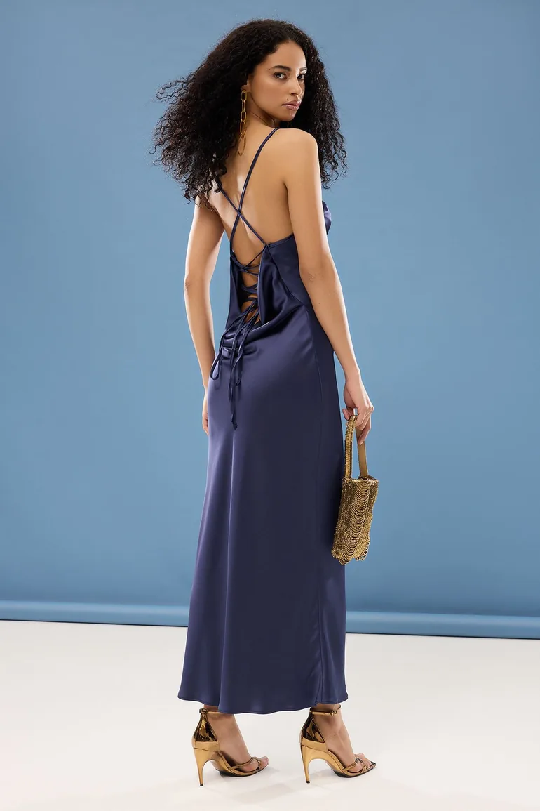 Navy Blue Detailed Cowl Neck Satin Woven Chic Dress - 4