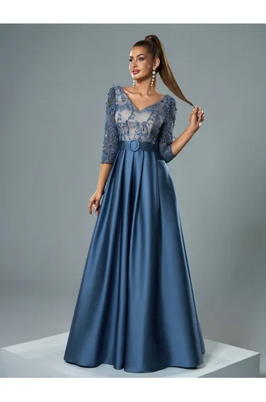 Leely Elegant V Neck Long Sleeve Evening Gown