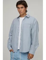 Oversized Curve Hem Micro-Stripe Embroidered Shirt - blue