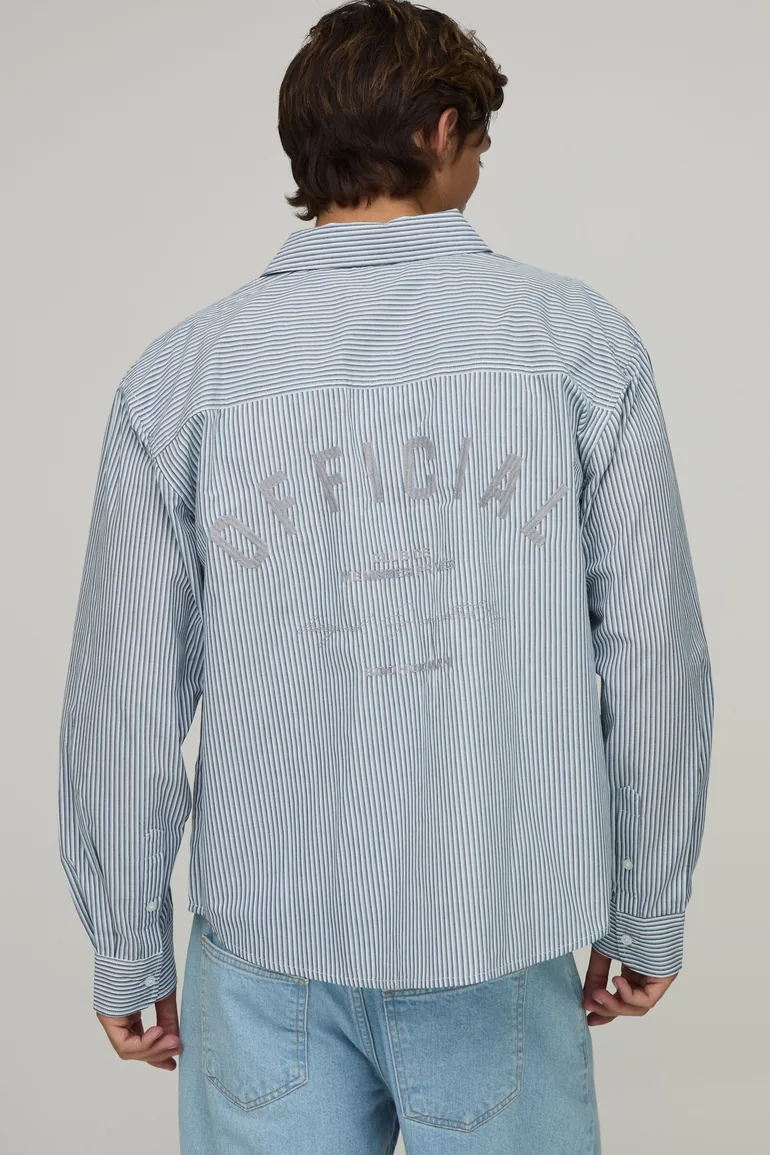 Oversized Curve Hem Micro-Stripe Embroidered Shirt - blue - 1