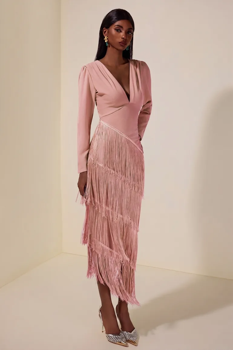 Tassel Ruched Long Sleeve Midi Dress - 4