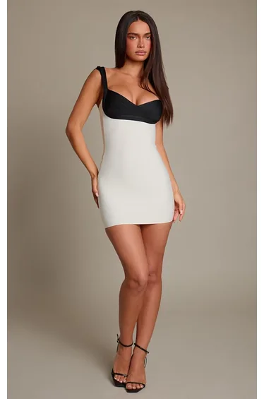 Cream V Neck Contrast Binding Strappy Bandage Mini Dress