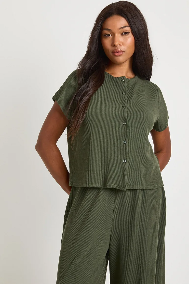 Plus Crinkle Rib Button Through Cap Sleeve Top and Trouser Set - khaki - 3