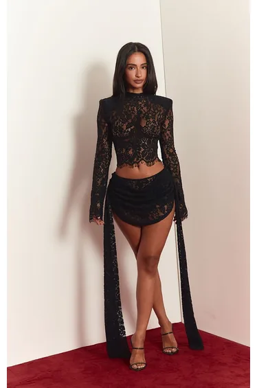 Petite Black Lace Drape Detail Shorts