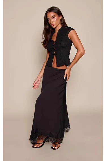 Black Chiffon Lace Hem Midaxi Skirt