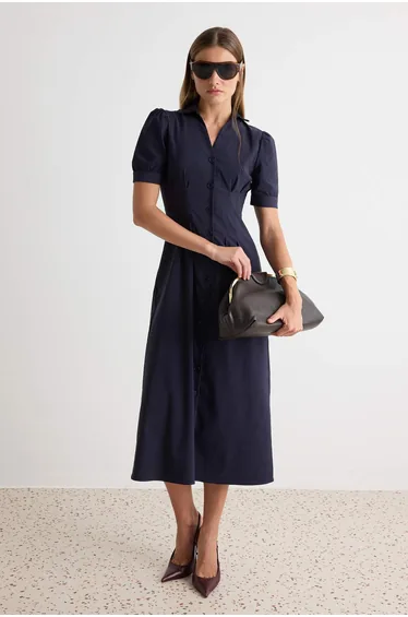 Navy Blue Shirt Collar Shirt Dress Midi Woven Dress