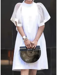 Short Sleeves Pleated See-Through Solid Color Split-Joint Round-Neck Mini Dresses