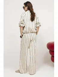 Cream Cotton Striped Wide Leg Trousers - 2