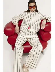 Cream Cotton Striped Wide Leg Trousers - 3