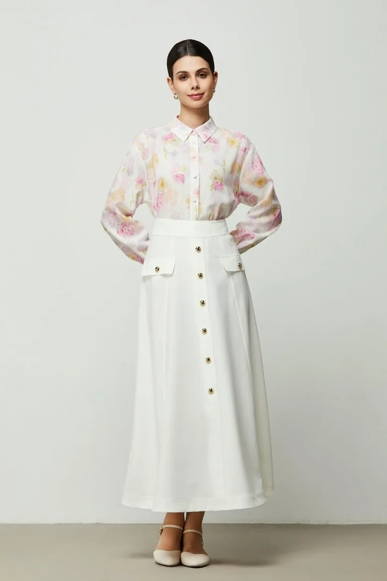 Buttoned Off-White Crepe Skirt - 5