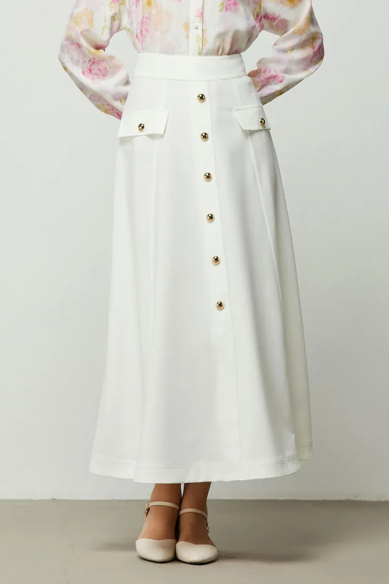 Buttoned Off-White Crepe Skirt - 2